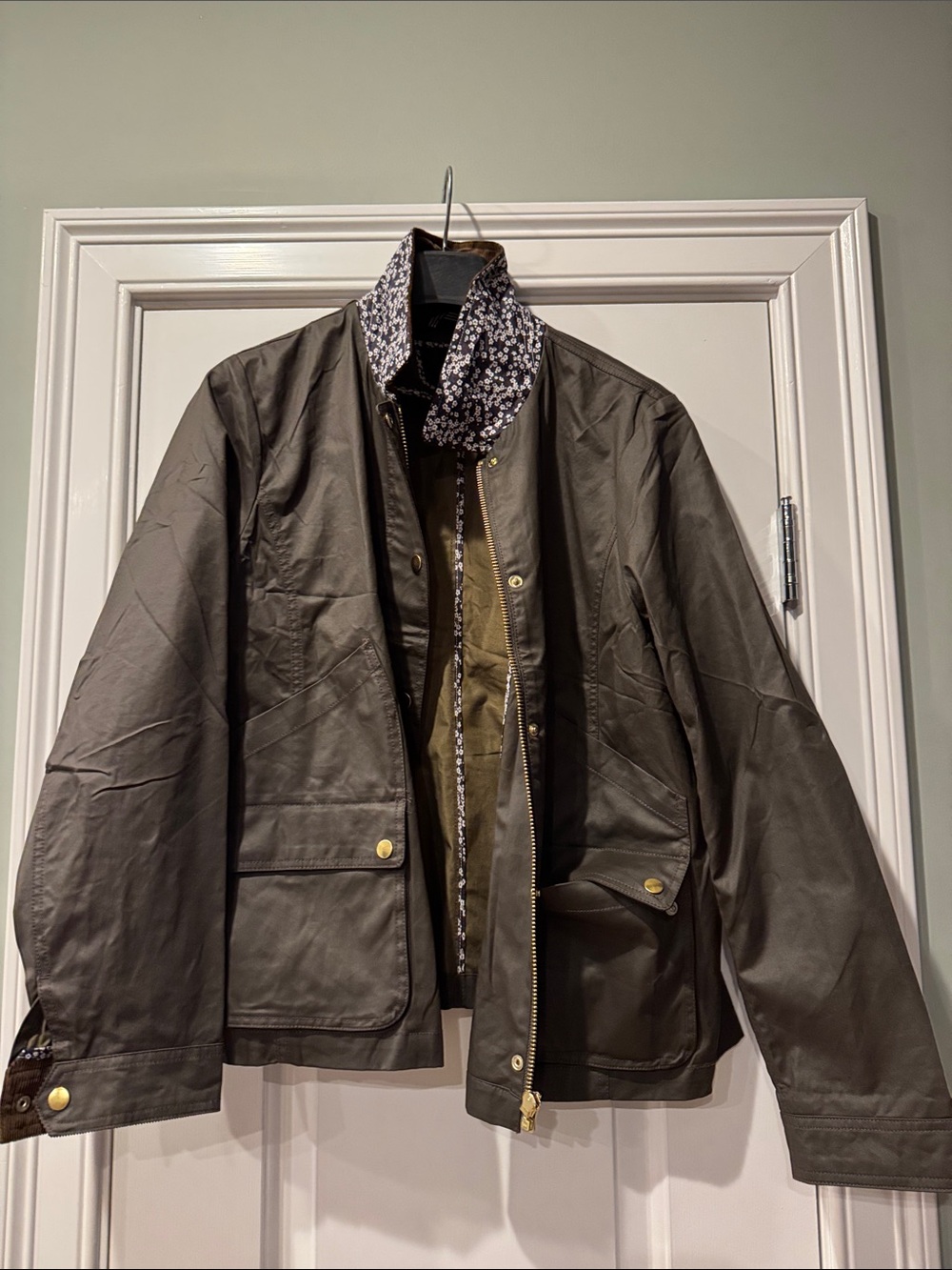 Women’s Olive Green Waxed Cotton Jacket with Liberty Print Collab J. Crew